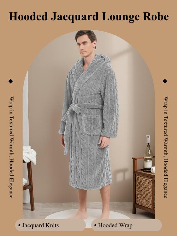 Men's Solid Textured Pocket Belted Wrap Lounge Robe, Plain Menswear Loungewear, Casual Long Sleeve Hooded Dressing Gown, Men's Sleepwear for Winter