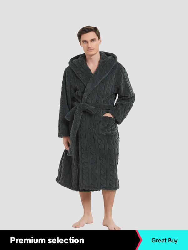 Men's Solid Textured Pocket Belted Wrap Lounge Robe, Plain Menswear Loungewear, Casual Long Sleeve Hooded Dressing Gown, Men's Sleepwear for Winter