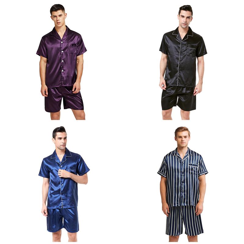 Tony & Candice Men Silk Short Sleeve Pajamas with Shorts, Satin Pajama Sets Summer Sleepwear