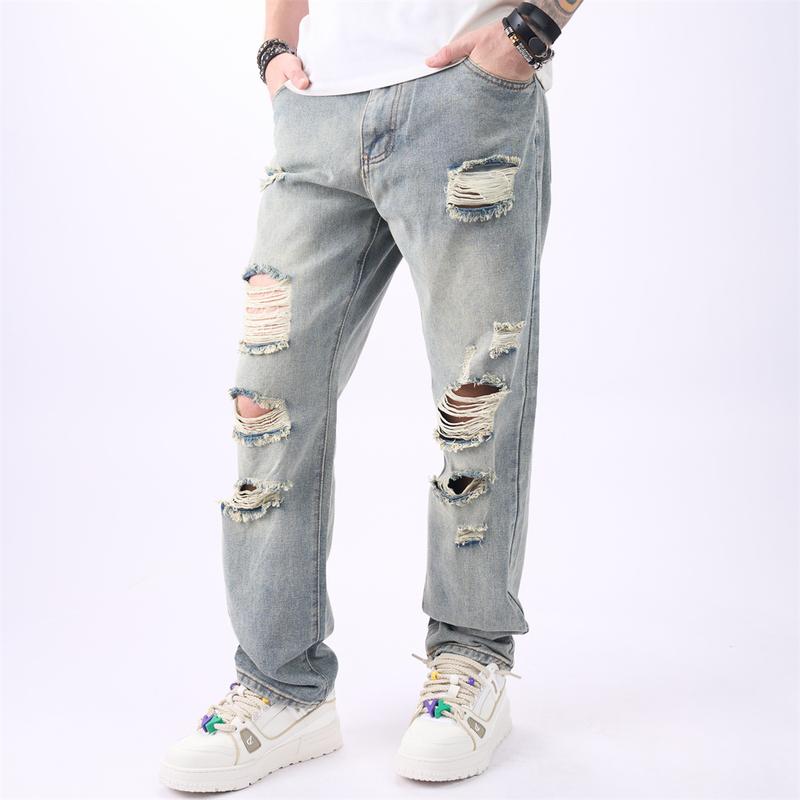 Stylish Retro Style Men Loose Motorcycle Jeans Trousers Male Street HipHop Ripped Solid Straight Denim Pants