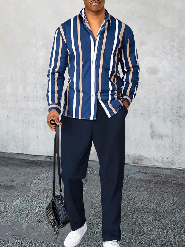 Two-piece Set Men's Striped Print Button Front Shirt & Drawstring Waist Pants, Regular Fit Casual Long Sleeve Collared Top & Elastic Waist Trousers for Daily Wear, Men's Two-piece Outfits for All Seasons