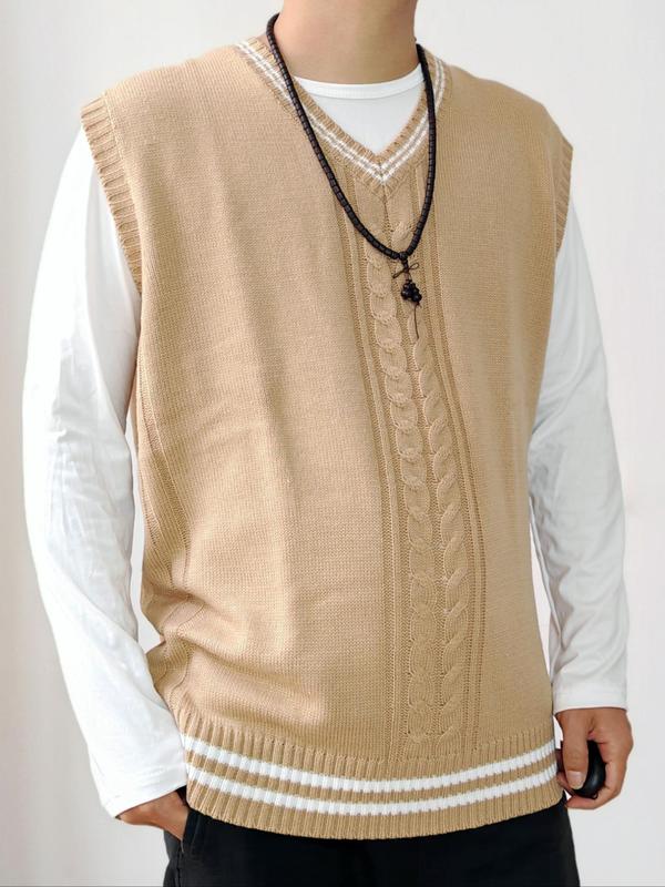  Men's Contrast Binding Cable Knit Sweater Vest, Regular Fit Casual Sleeveless Round Neck Knit Top for Fall & Winter, Men's Clothing for Daily Wear