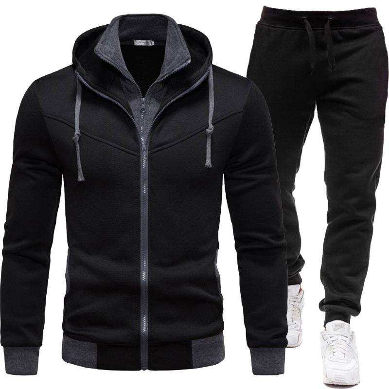 2024 New Autumn And Winter Sports Splicing Jacket Casual  Trousers Hooded Sports Men's Suit Two-piece Set Streetwear Denim Trouser Cotton Fabric Menswear Pants Clothing Fashion Original Polyester Top