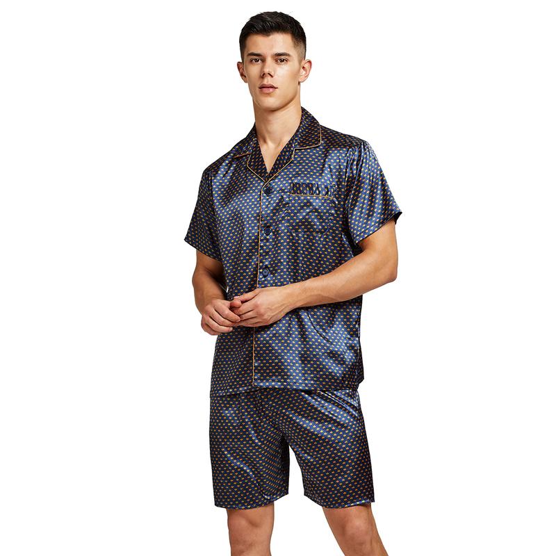 Tony & Candice Men Silk Short Sleeve Pajamas with Shorts, Satin Pajama Sets Summer Sleepwear