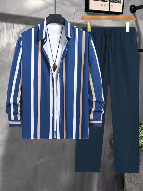 Two-piece Set Men's Striped Print Button Front Shirt & Drawstring Waist Pants, Regular Fit Casual Long Sleeve Collared Top & Elastic Waist Trousers for Daily Wear, Men's Two-piece Outfits for All Seasons