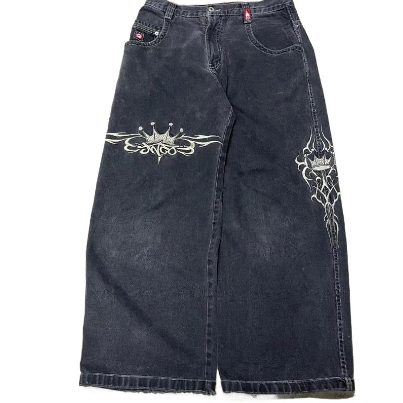 JNCO Y2K loose embroidered jeans, men's vintage embroidered high-quality jeans, hip-hop gothic streetwear, Harajuku men's and women's casual wide-leg jeans