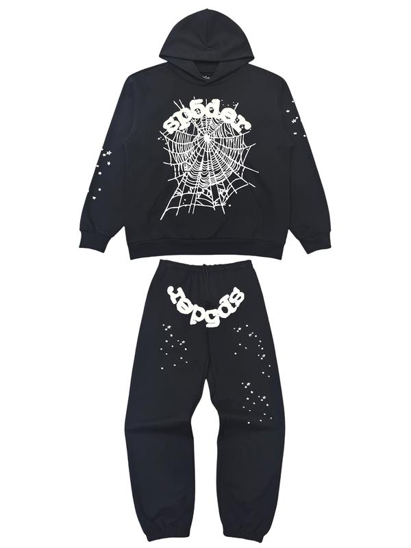 White Stars Spiderweb Foam Letter Print Hoodie & Pants Set