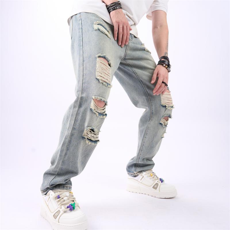 Stylish Retro Style Men Loose Motorcycle Jeans Trousers Male Street HipHop Ripped Solid Straight Denim Pants