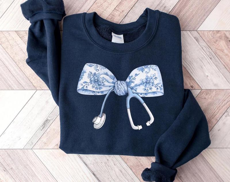 Nurse Coquette Toile bow Sweatshirt, Retro Nurse Shirts, RN, Unisex Stethoscope Crewneck Sweatshirt, Nursing School, Nurses Week Appreciation