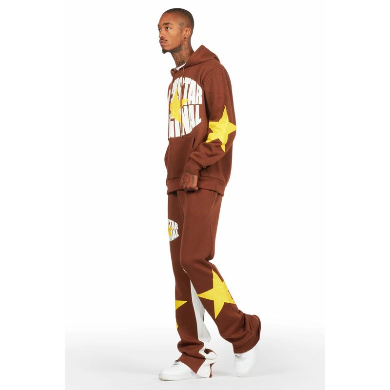 States Brown Baggy Stacked Hoodie Track Set