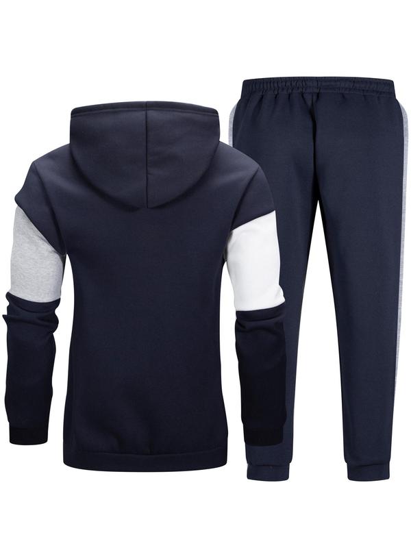 Men's Colorblock Patchwork Zip Up Hoodie & Drawstring Waist Sweatpants Two-piece Set, Casual Regular Fit Long Sleeve Hooded Sweatshirt & Jogger Pants for Spring & Fall, Men's Two-piece Outfits for Daily Wear