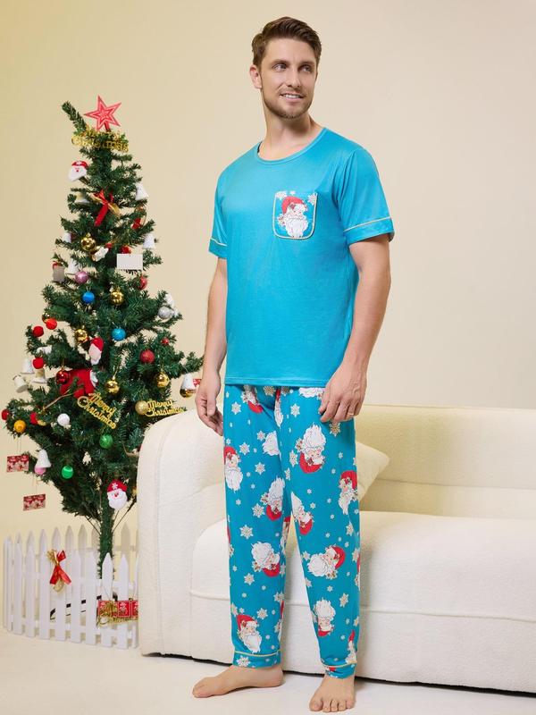 Three-Piece Set Men's Christmas Themed Print Pocket Tee & Elastic Waist Pants & Tie Front Shorts Pyjama Set, Regular Fit Casual Comfy Round Neck Short Sleeve T-shirt & Trousers & Shorts PJ Set, Men's Sleepwear for All Seasons