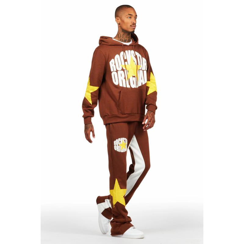 States Brown Baggy Stacked Hoodie Track Set