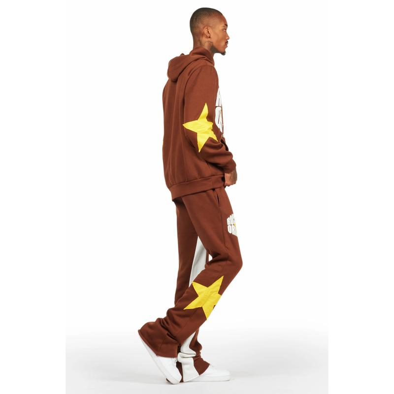 States Brown Baggy Stacked Hoodie Track Set