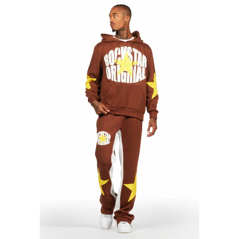 States Brown Baggy Stacked Hoodie Track Set