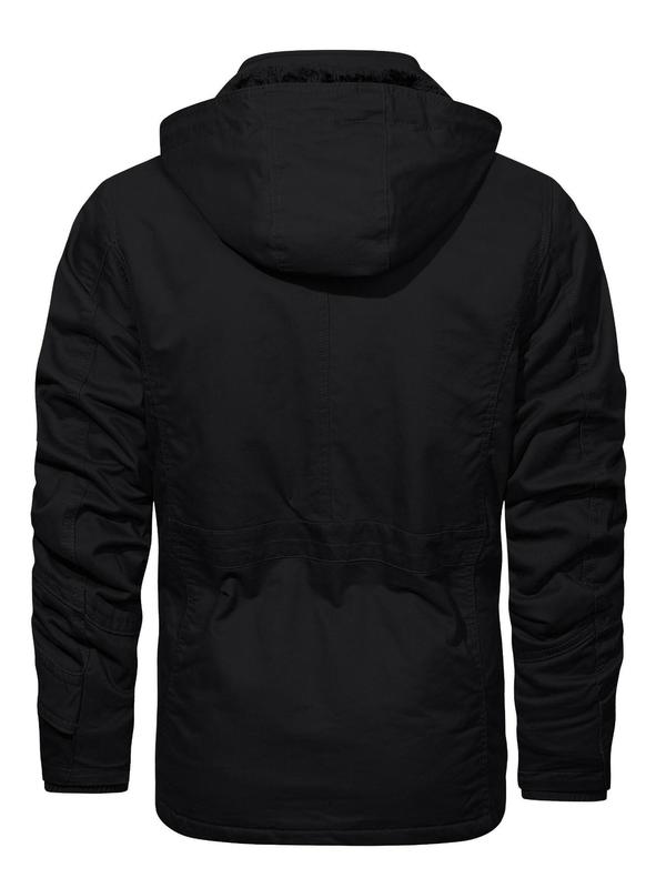 Men's Solid Pocket Zipper Detachable Hood Design Winter Jacket, Regular Fit Casual Long Sleeve Hooded Outerwear for Fall & Winter,  Men's Clothing, Men's Clothing, Winter Outfits 2024