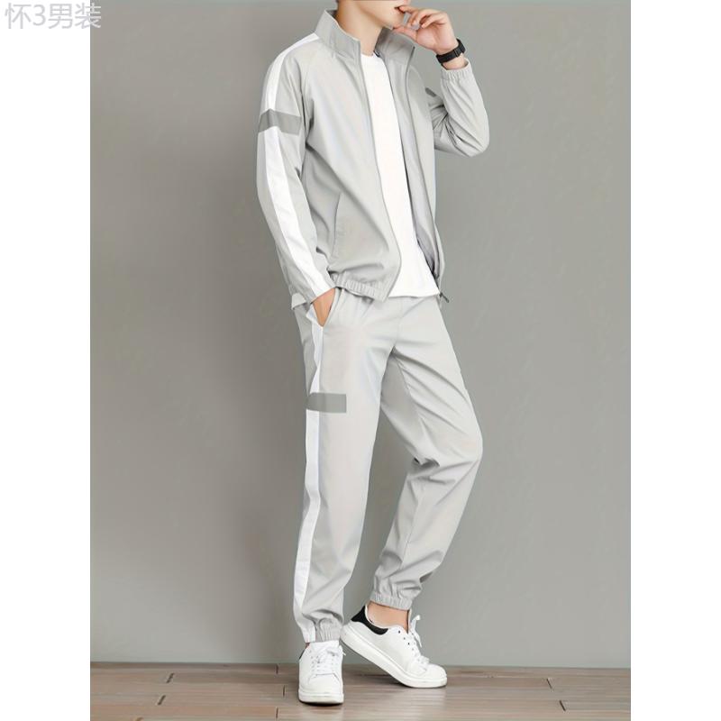 Men's Polyester Track Suit Set with Stand Collar and Luminous Detail - Casual Style, Non-Stretch Fabric, Solid Color Design, Regular Sleeve, Long Sleeve, with Belt, Breathable, Water-Resistant, Lightweight, Spring Fall, Suitable for Casual, Clothing  Top