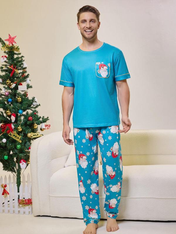 Three-Piece Set Men's Christmas Themed Print Pocket Tee & Elastic Waist Pants & Tie Front Shorts Pyjama Set, Regular Fit Casual Comfy Round Neck Short Sleeve T-shirt & Trousers & Shorts PJ Set, Men's Sleepwear for All Seasons