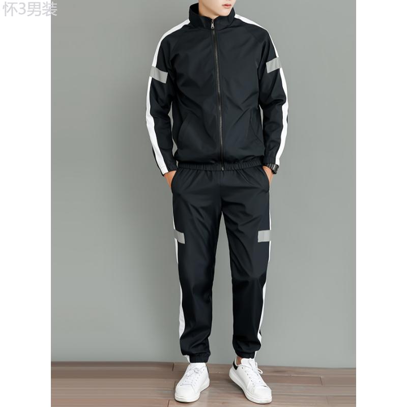 Men's Polyester Track Suit Set with Stand Collar and Luminous Detail - Casual Style, Non-Stretch Fabric, Solid Color Design, Regular Sleeve, Long Sleeve, with Belt, Breathable, Water-Resistant, Lightweight, Spring Fall, Suitable for Casual, Clothing  Top