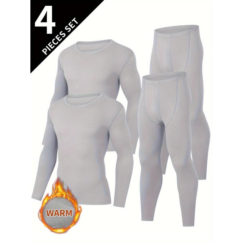 4pcs Men's Thermal Underwear Set - Stylish & Comfortable, Long Sleeve Crew Neck Tops and Pants for Fall Winter