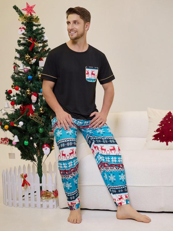 Three-Piece Set Men's Christmas Themed Print Pocket Tee & Elastic Waist Pants & Tie Front Shorts Pyjama Set, Regular Fit Casual Comfy Round Neck Short Sleeve T-shirt & Trousers & Shorts PJ Set, Men's Sleepwear for All Seasons