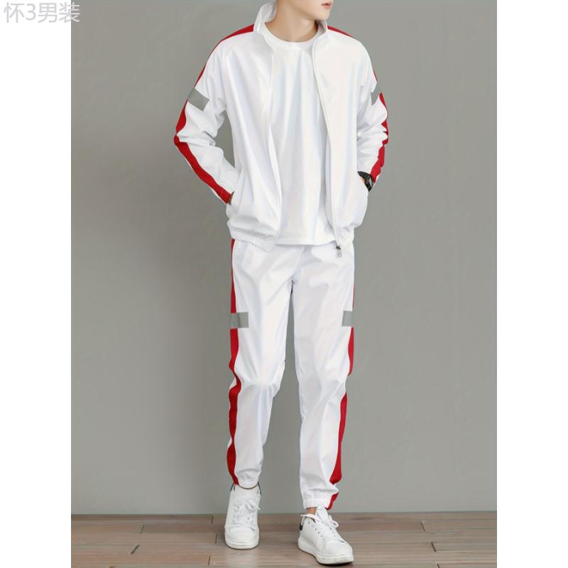 Men's Polyester Track Suit Set with Stand Collar and Luminous Detail - Casual Style, Non-Stretch Fabric, Solid Color Design, Regular Sleeve, Long Sleeve, with Belt, Breathable, Water-Resistant, Lightweight, Spring Fall, Suitable for Casual, Clothing  Top