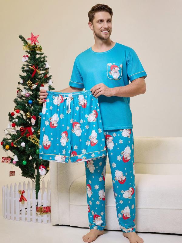 Three-Piece Set Men's Christmas Themed Print Pocket Tee & Elastic Waist Pants & Tie Front Shorts Pyjama Set, Regular Fit Casual Comfy Round Neck Short Sleeve T-shirt & Trousers & Shorts PJ Set, Men's Sleepwear for All Seasons