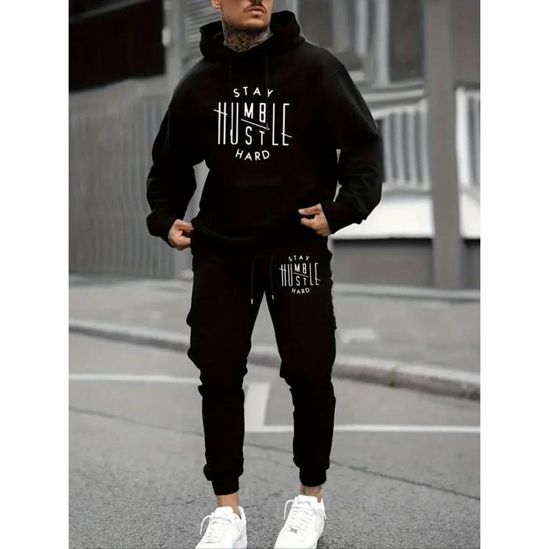 Men's Letter Print Drop Shoulder Hoodie & Drawstring Waist Sweatpants Set, Casual Fashion Cozy Regular Fit Thermal Lined Two-piece Outfits for Daily Wear, Men's Clothes for Fall & Winter