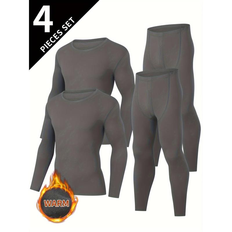 4pcs Men's Thermal Underwear Set - Stylish & Comfortable, Long Sleeve Crew Neck Tops and Pants for Fall Winter