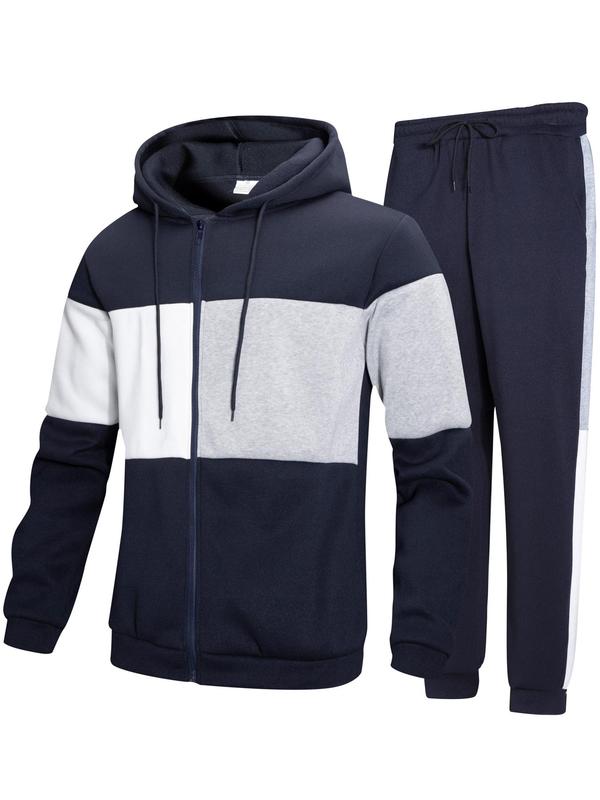 Men's Colorblock Patchwork Zip Up Hoodie & Drawstring Waist Sweatpants Two-piece Set, Casual Regular Fit Long Sleeve Hooded Sweatshirt & Jogger Pants for Spring & Fall, Men's Two-piece Outfits for Daily Wear