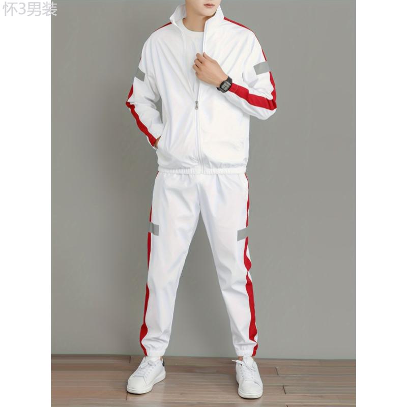 Men's Polyester Track Suit Set with Stand Collar and Luminous Detail - Casual Style, Non-Stretch Fabric, Solid Color Design, Regular Sleeve, Long Sleeve, with Belt, Breathable, Water-Resistant, Lightweight, Spring Fall, Suitable for Casual, Clothing  Top