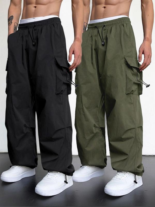 Men's Solid Drawstring Waist Cargo Pants, Street Fashion Casual Pocket Pants for Daily Wear, Men's Bottoms for All Seasons