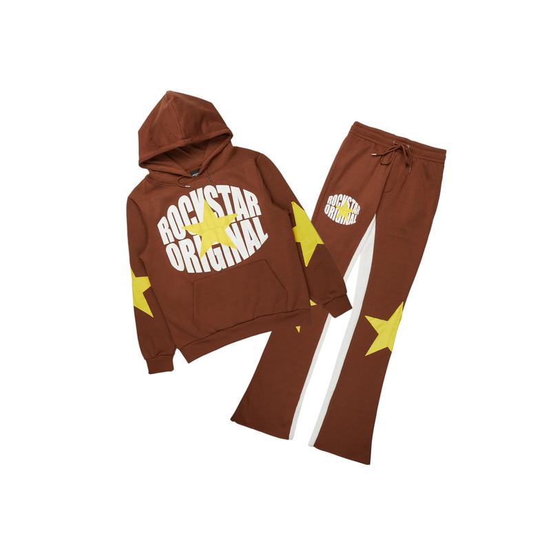 States Brown Baggy Stacked Hoodie Track Set