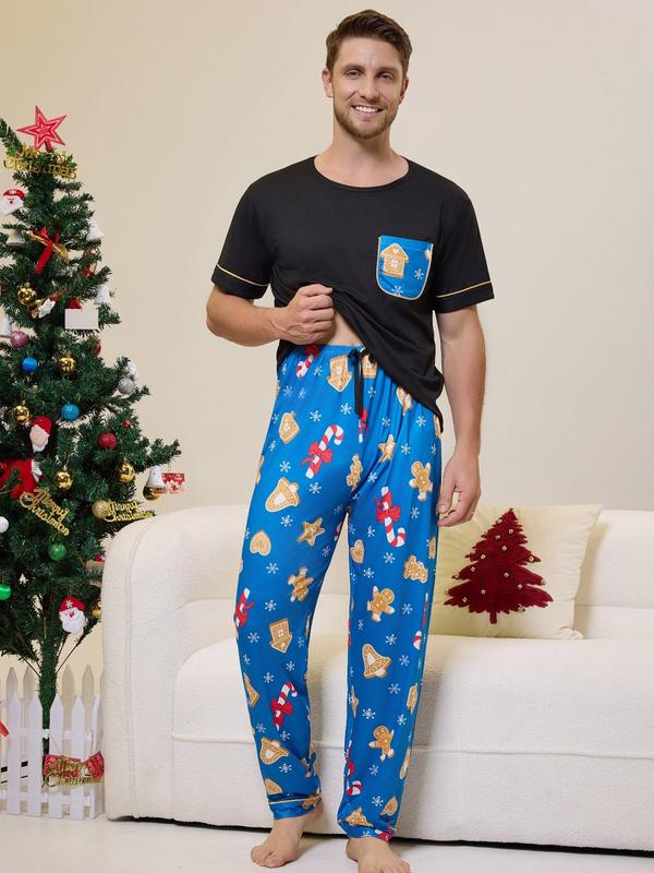 Three-Piece Set Men's Christmas Themed Print Pocket Tee & Elastic Waist Pants & Tie Front Shorts Pyjama Set, Regular Fit Casual Comfy Round Neck Short Sleeve T-shirt & Trousers & Shorts PJ Set, Men's Sleepwear for All Seasons