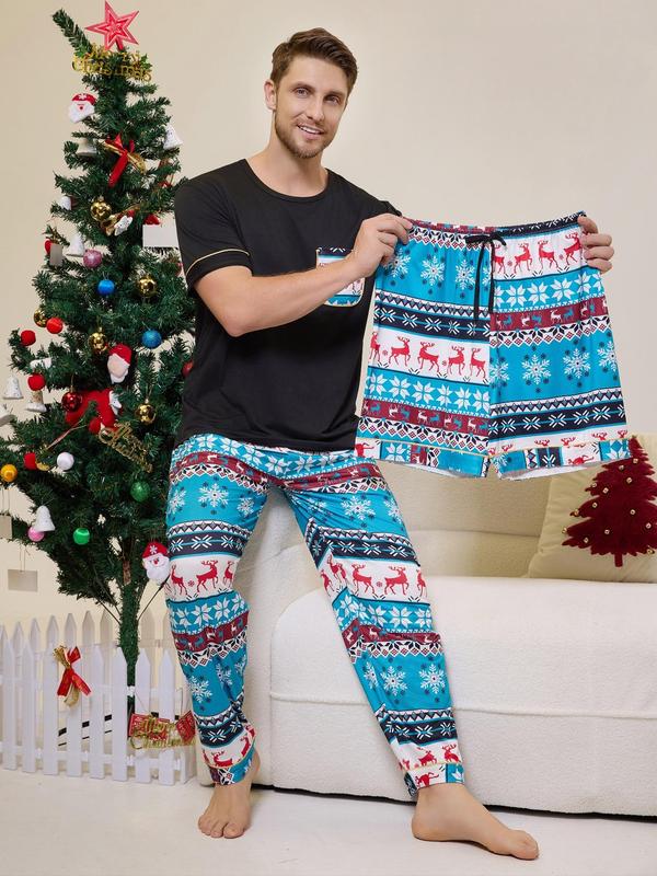 Three-Piece Set Men's Christmas Themed Print Pocket Tee & Elastic Waist Pants & Tie Front Shorts Pyjama Set, Regular Fit Casual Comfy Round Neck Short Sleeve T-shirt & Trousers & Shorts PJ Set, Men's Sleepwear for All Seasons