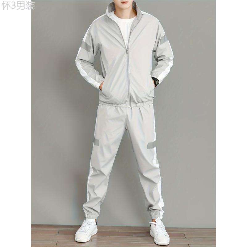 Men's Polyester Track Suit Set with Stand Collar and Luminous Detail - Casual Style, Non-Stretch Fabric, Solid Color Design, Regular Sleeve, Long Sleeve, with Belt, Breathable, Water-Resistant, Lightweight, Spring Fall, Suitable for Casual, Clothing  Top