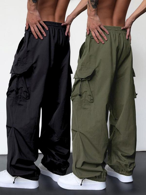 Men's Solid Drawstring Waist Cargo Pants, Street Fashion Casual Pocket Pants for Daily Wear, Men's Bottoms for All Seasons