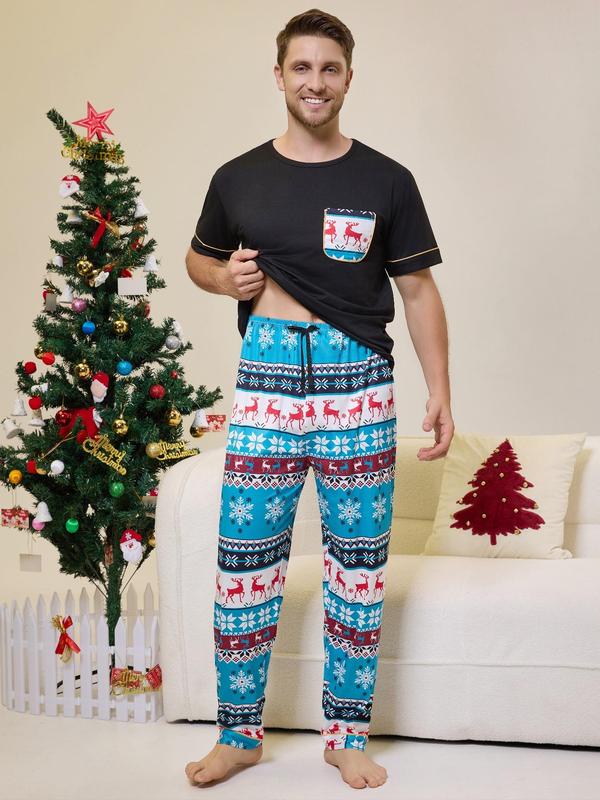 Three-Piece Set Men's Christmas Themed Print Pocket Tee & Elastic Waist Pants & Tie Front Shorts Pyjama Set, Regular Fit Casual Comfy Round Neck Short Sleeve T-shirt & Trousers & Shorts PJ Set, Men's Sleepwear for All Seasons