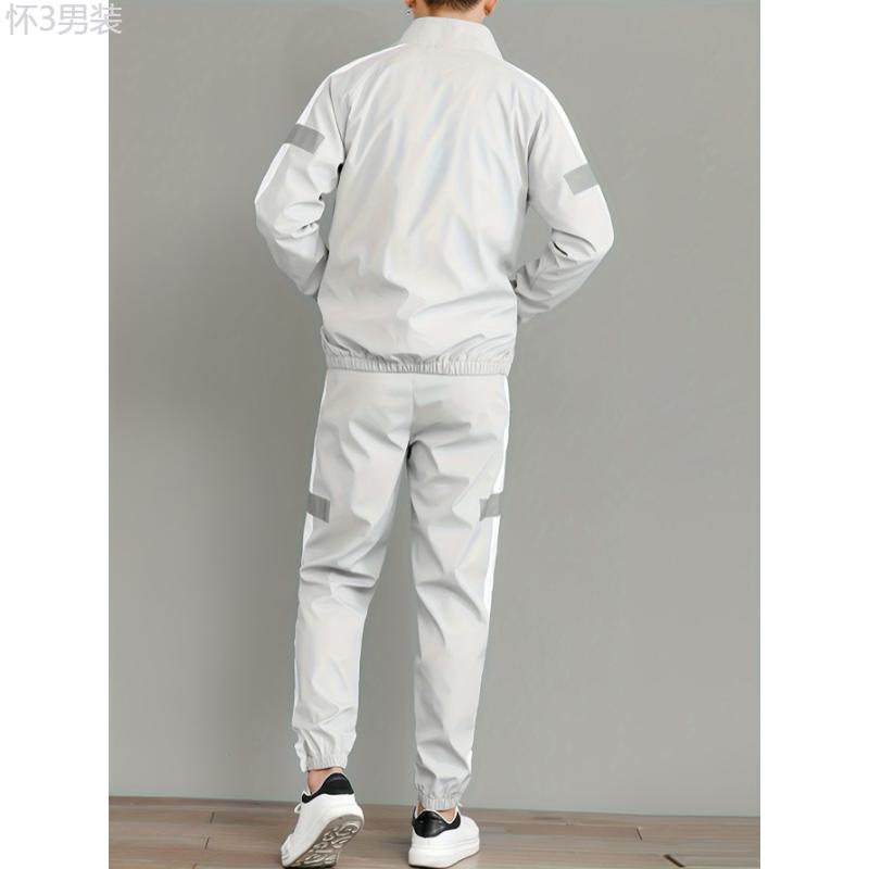 Men's Polyester Track Suit Set with Stand Collar and Luminous Detail - Casual Style, Non-Stretch Fabric, Solid Color Design, Regular Sleeve, Long Sleeve, with Belt, Breathable, Water-Resistant, Lightweight, Spring Fall, Suitable for Casual, Clothing  Top