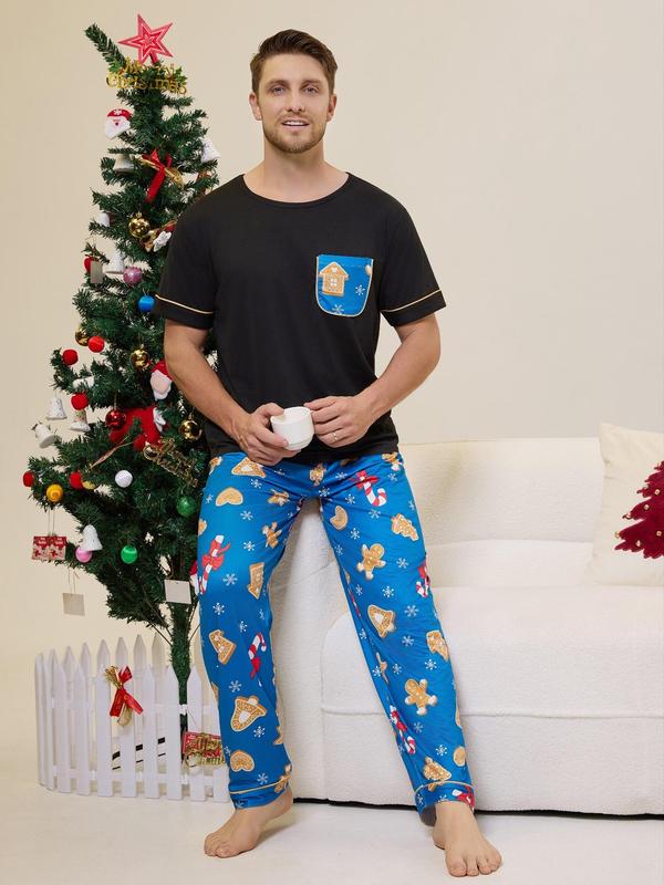 Three-Piece Set Men's Christmas Themed Print Pocket Tee & Elastic Waist Pants & Tie Front Shorts Pyjama Set, Regular Fit Casual Comfy Round Neck Short Sleeve T-shirt & Trousers & Shorts PJ Set, Men's Sleepwear for All Seasons