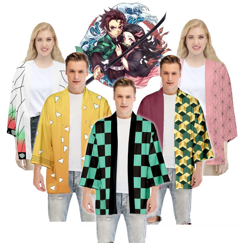 Demon Slayer Anime Peripheral Haori Kimono Jacket Tanjiro Nezuko Same Style Three-quarter Sleeve Cloak Pajamas