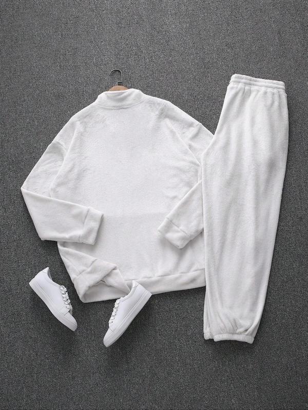 Men's Solid Drop Shoulder Patched Sweatshirt & Drawstring Waist Pants Two-piece Set, Regular Fit Casual Funnel Neck Long Sleeve Pullover & Pocket Trousers for Fall & Winter, Men's Two-piece Outfits for Daily Wear