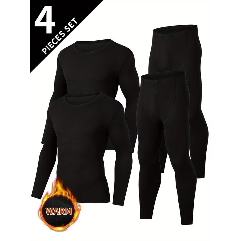 4pcs Men's Thermal Underwear Set - Stylish & Comfortable, Long Sleeve Crew Neck Tops and Pants for Fall Winter