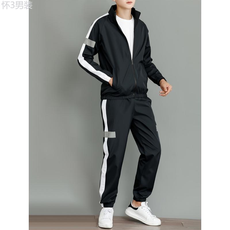 Men's Polyester Track Suit Set with Stand Collar and Luminous Detail - Casual Style, Non-Stretch Fabric, Solid Color Design, Regular Sleeve, Long Sleeve, with Belt, Breathable, Water-Resistant, Lightweight, Spring Fall, Suitable for Casual, Clothing  Top