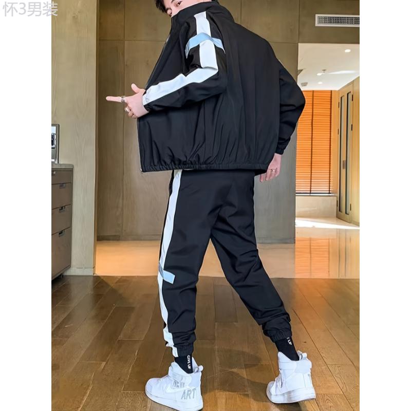 Men's Polyester Track Suit Set with Stand Collar and Luminous Detail - Casual Style, Non-Stretch Fabric, Solid Color Design, Regular Sleeve, Long Sleeve, with Belt, Breathable, Water-Resistant, Lightweight, Spring Fall, Suitable for Casual, Clothing  Top