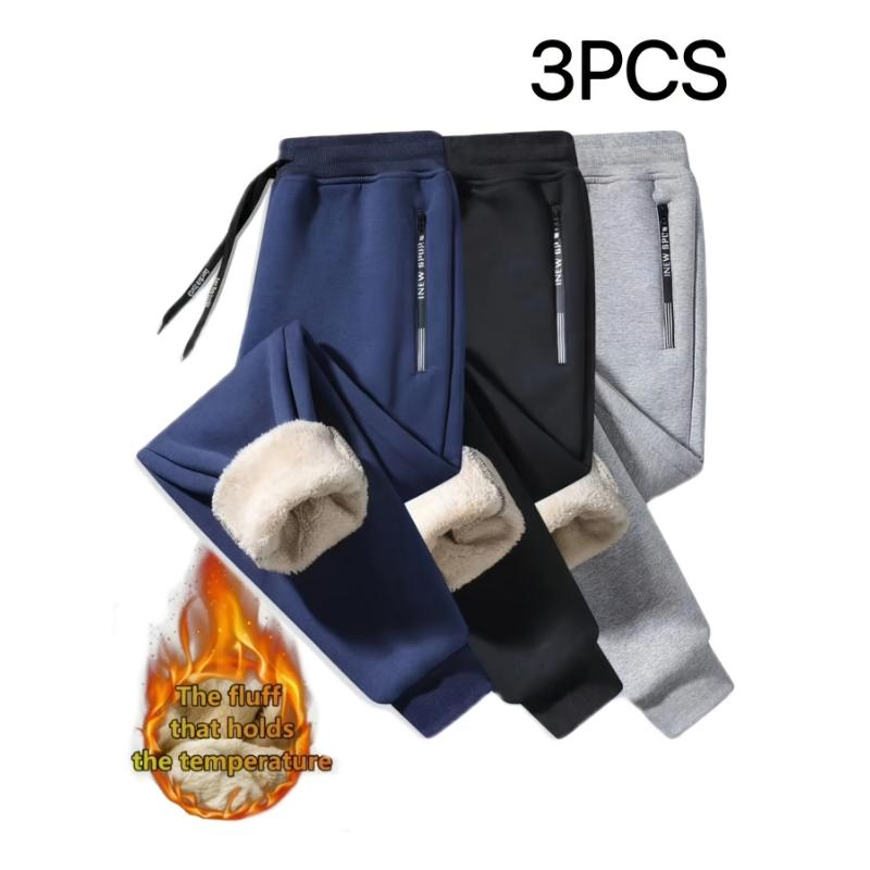 3pcs Fleece Lined Men's Solid Jogger Pants with Drawstring, Casual Thickened Trousers