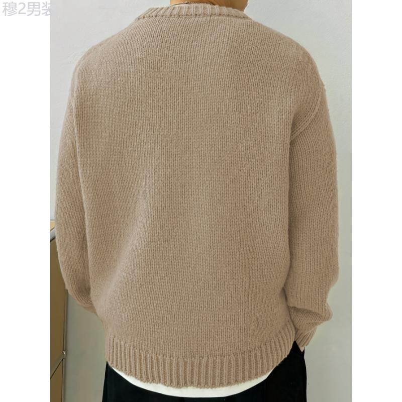 Mens Cozy Solid Knitted Crew Neck Pullover Sweater - Soft Slight Stretch Polyester Fabric, Regular Fit, Casual Style for Fall and Winter Seasons - Long Sleeve, No Sheer, Easy Wear Knitwear Menswear Collar Tops Longsleeves Beige Plain Knife