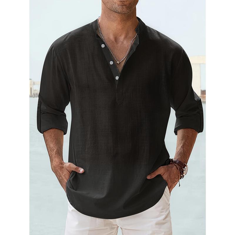 Casual All-match Men's Solid Long Sleeve Shirt With Button & Boat Neck, Spring Fall Outdoor Menswear Top