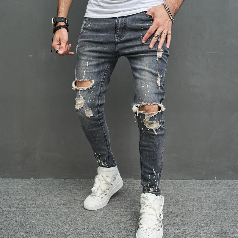 Men Hip Hop Speckle ink Printed Ripped Distressed Skinny Pencil Jeans Stylish Holes Male Stretch Denim Pants For Men's Trousers