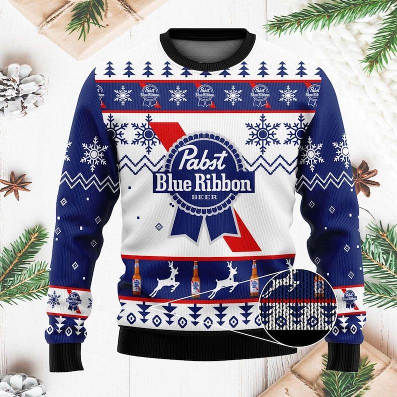 Pabst Blue Ribbon Christmas Ugly Sweater, Funny PBR Beer Xmas Sweater, Holiday Pabst Blue Ribbon Sweater, PBR Beer Lovers Christmas Sweater